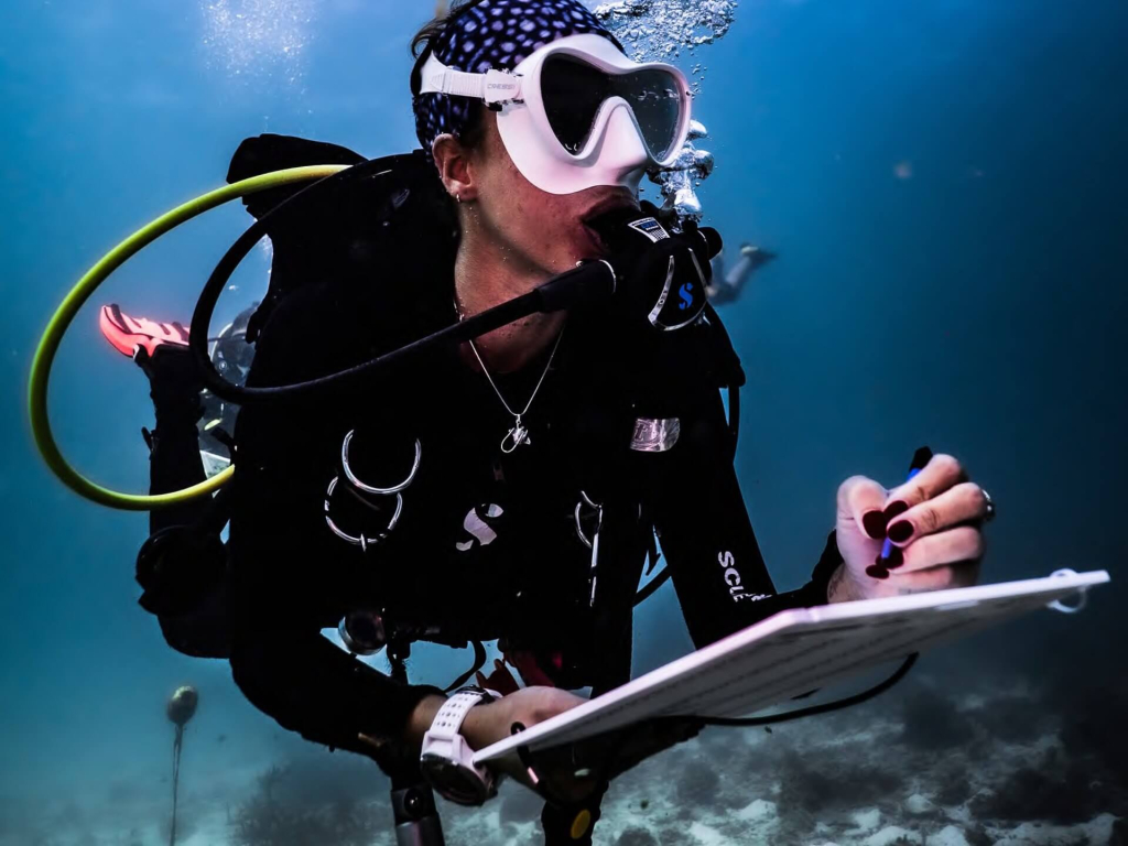 blackturtleconservation.com-core-conservationist-underwater-data-collection-koh-tao Core Conservationist students collecting underwater survey data as part of a 1-week marine conservation course in Koh Tao.